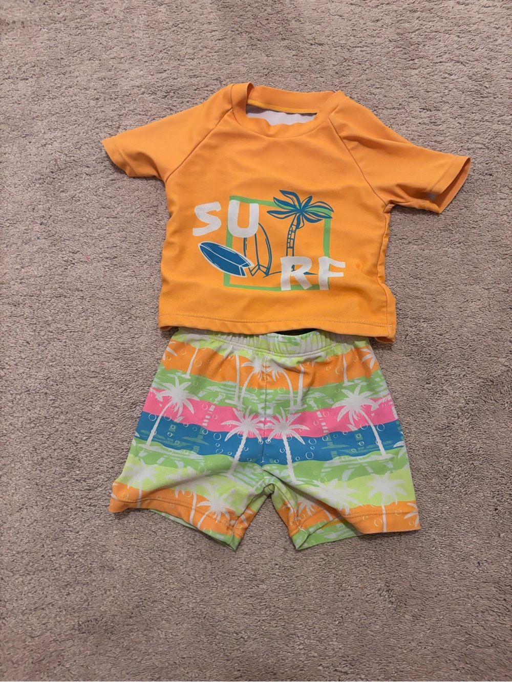 SHEIN Orange Surf Rashguard Set with Multi-Color Palm Shorts